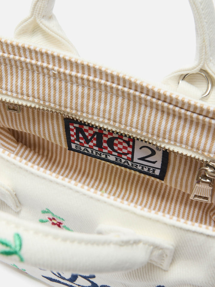 Mini Vanity Bag in White Denim with Embroidered Flowers