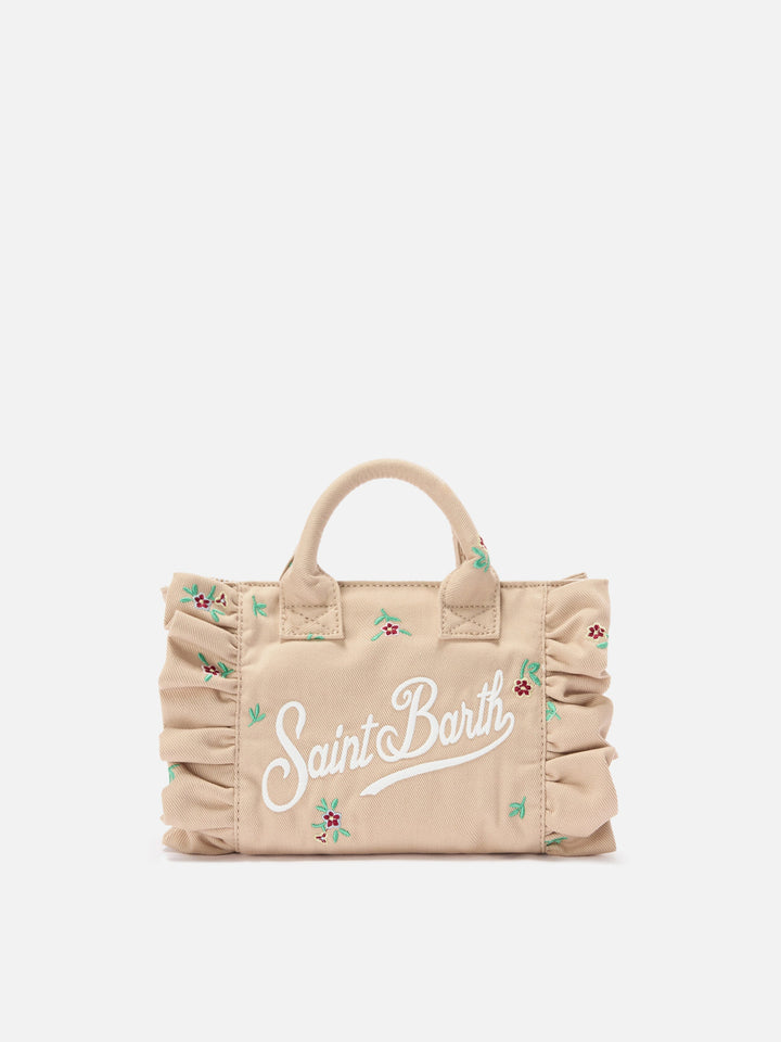 Mini Vanity Bag in Beige Denim with Embroidered Flowers