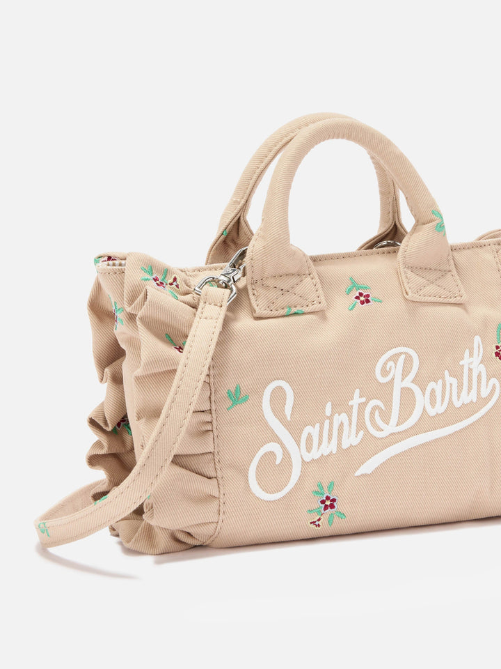 Mini Vanity Bag in Beige Denim with Embroidered Flowers