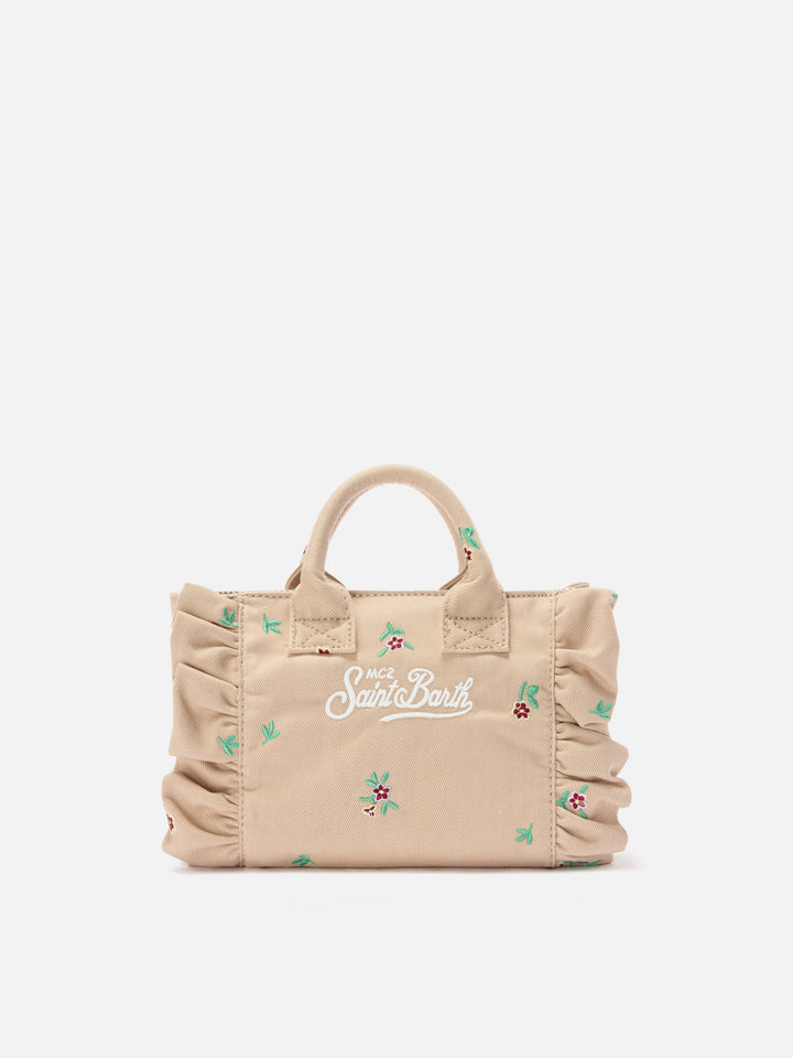 Mini Vanity Bag in Beige Denim with Embroidered Flowers