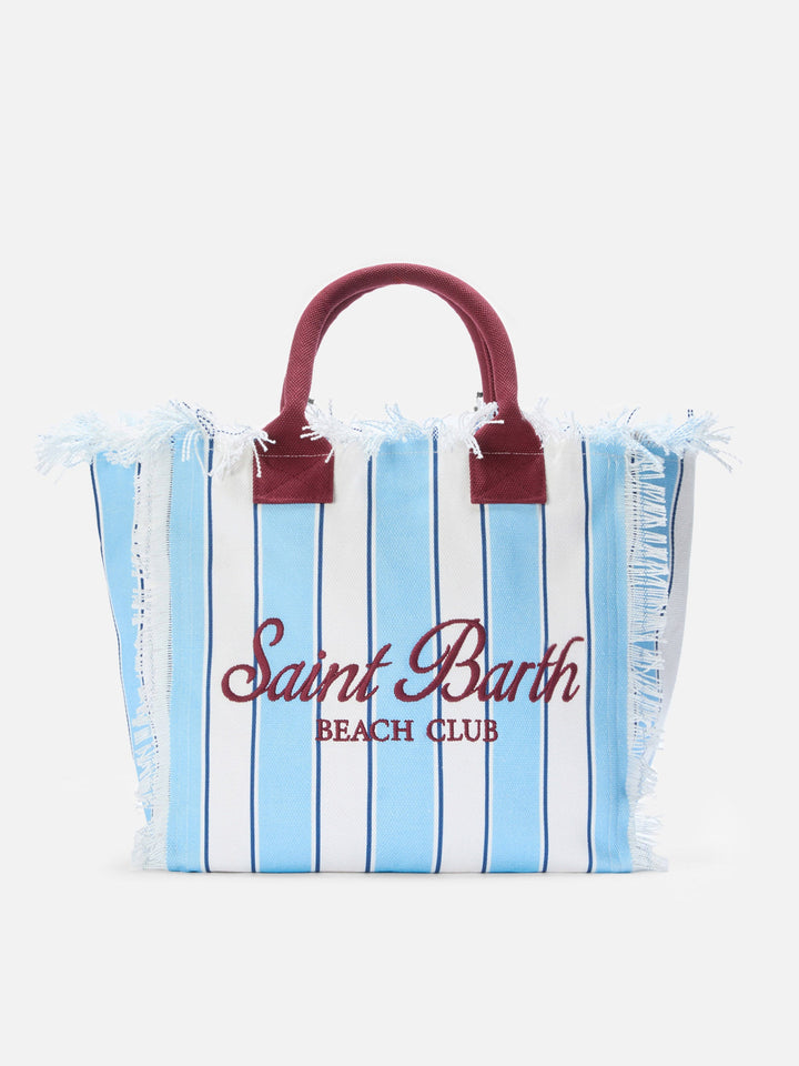 Borsa Vanity regular in canvas a righe azzurre con dettagli bordeaux