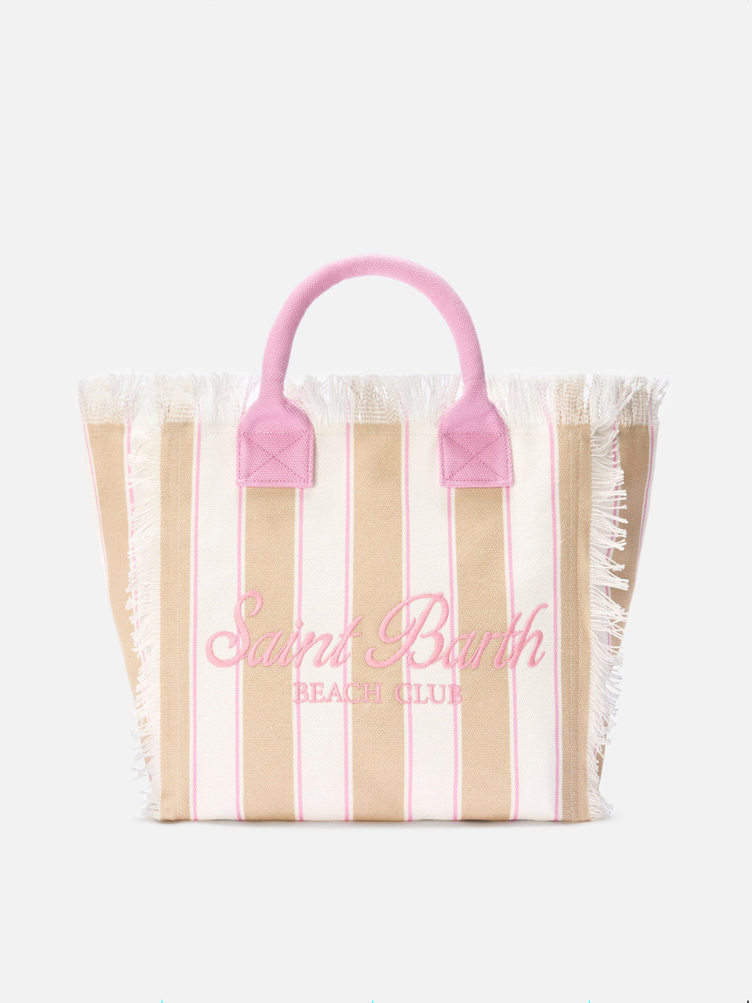 Regular Beige Vertical Stripe Canvas Vanity Bag