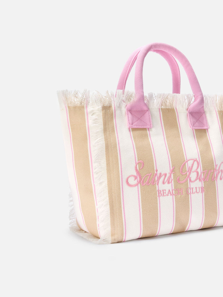 Regular Beige Vertical Stripe Canvas Vanity Bag