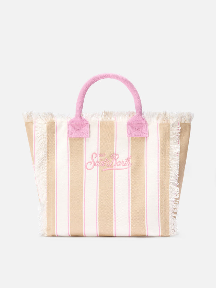 Regular Beige Vertical Stripe Canvas Vanity Bag