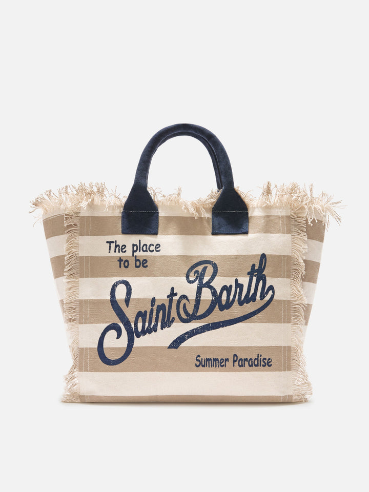 Beige Horizontal Striped Canvas Vanity Bag