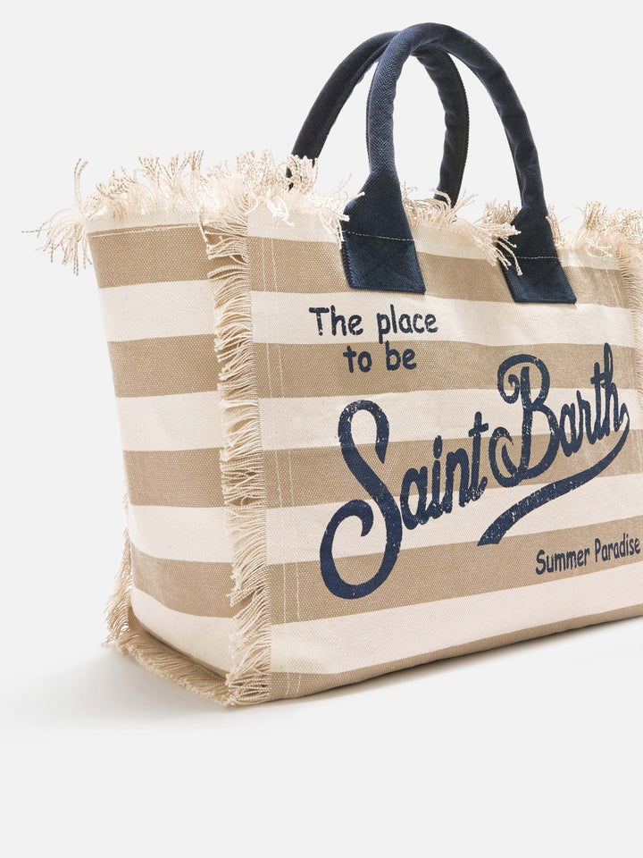Beige Horizontal Striped Canvas Vanity Bag