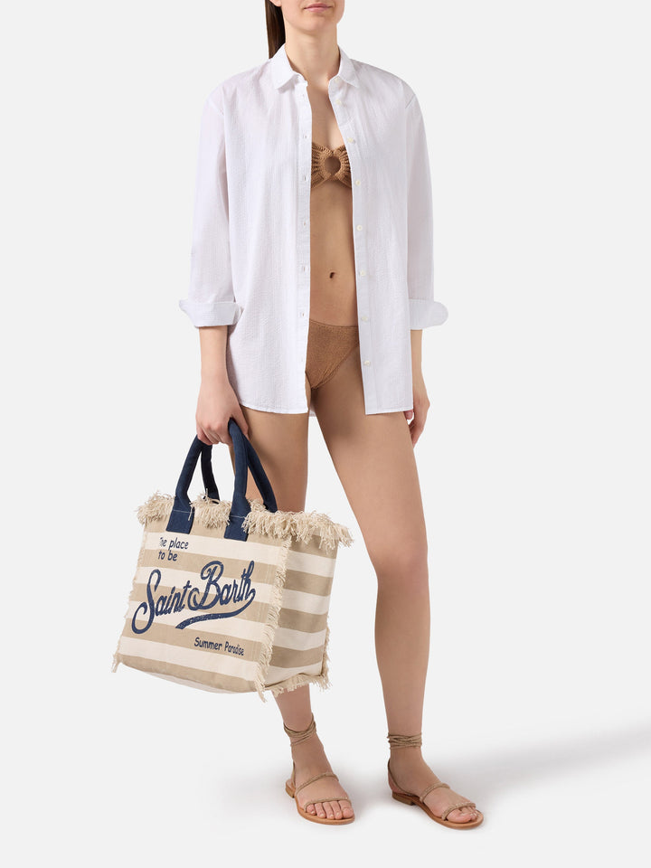 Beige Horizontal Striped Canvas Vanity Bag