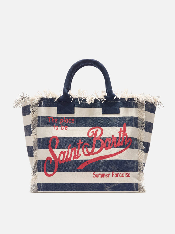 Borsa Vanity regular in canvas a righe orizzontali blu