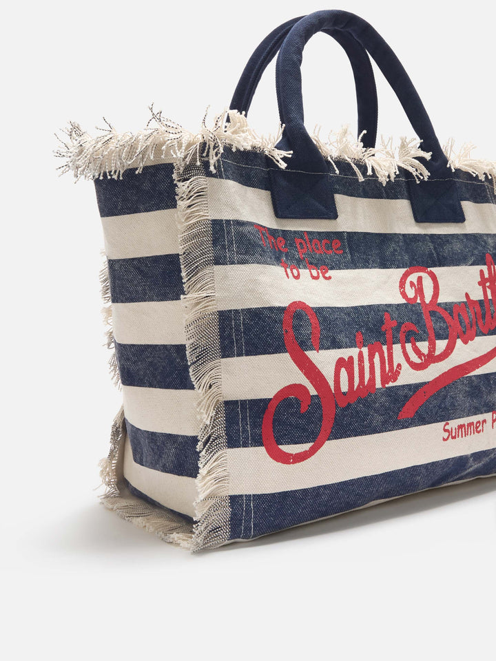 Borsa Vanity regular in canvas a righe orizzontali blu