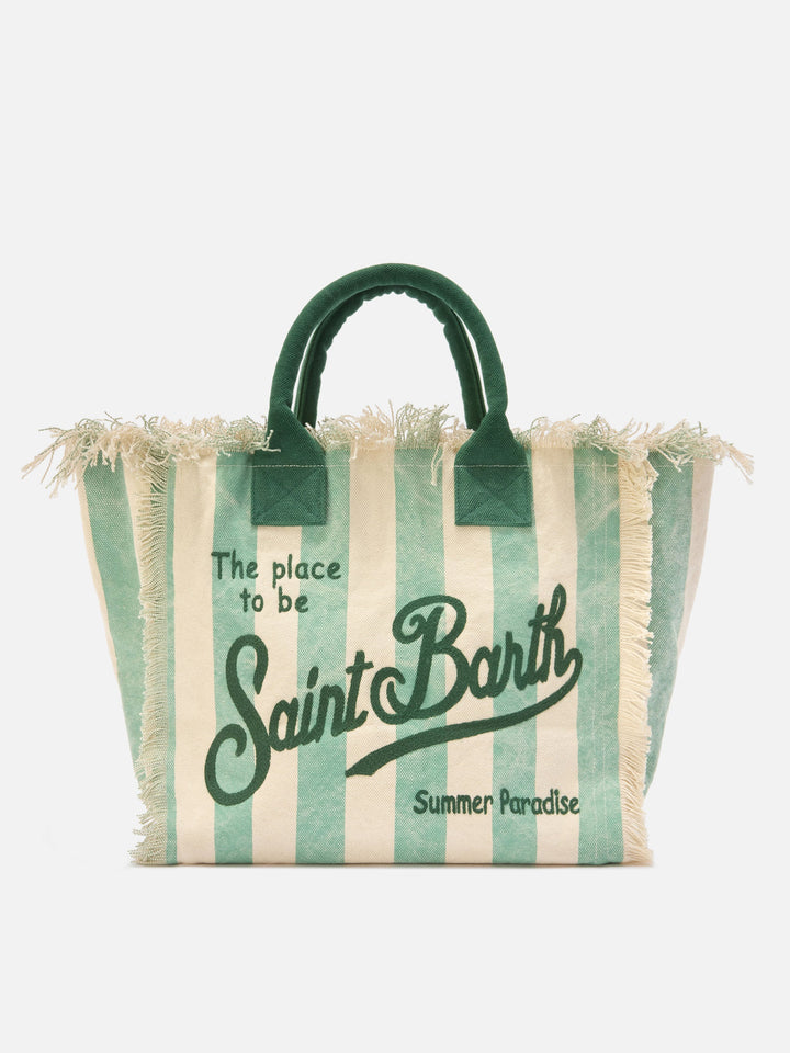 Regular Canvas Vanity Bag with Light Green Vertical Stripes