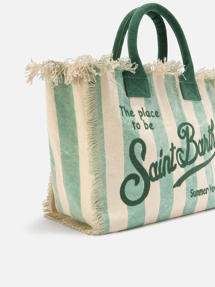 Regular Canvas Vanity Bag with Light Green Vertical Stripes