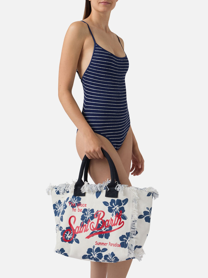 Regular Canvas Vanity Bag with Hibiscus Print