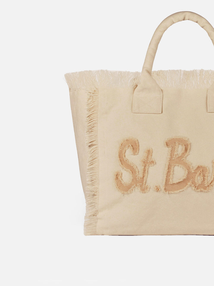 Borsa a spalla beige in canvas di cotone con patch logo Saint Barth
