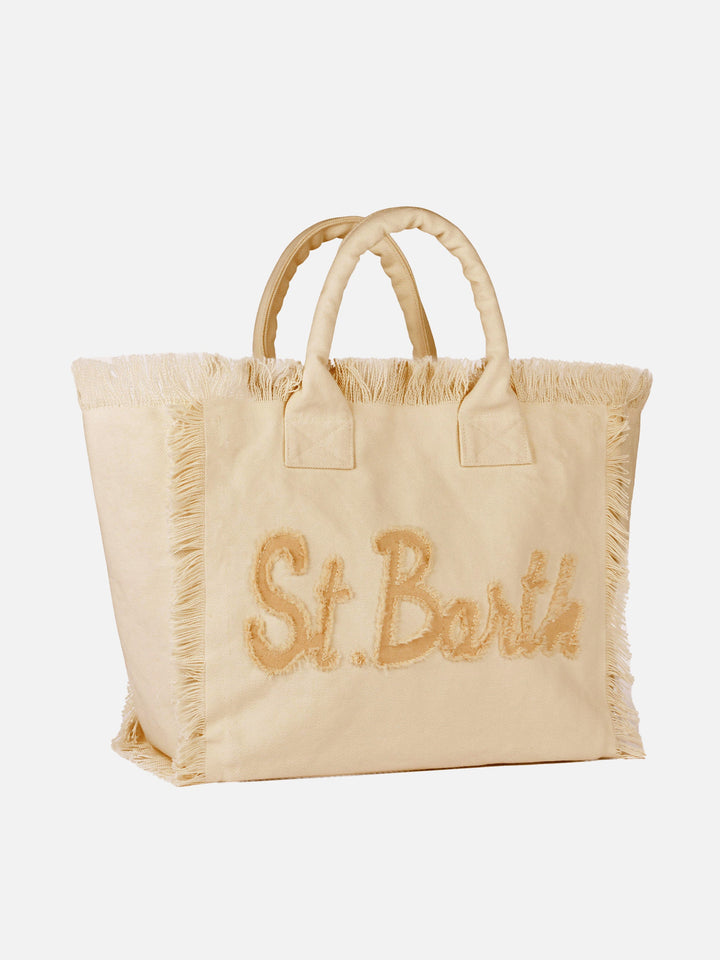 Borsa a spalla beige in canvas di cotone con patch logo Saint Barth