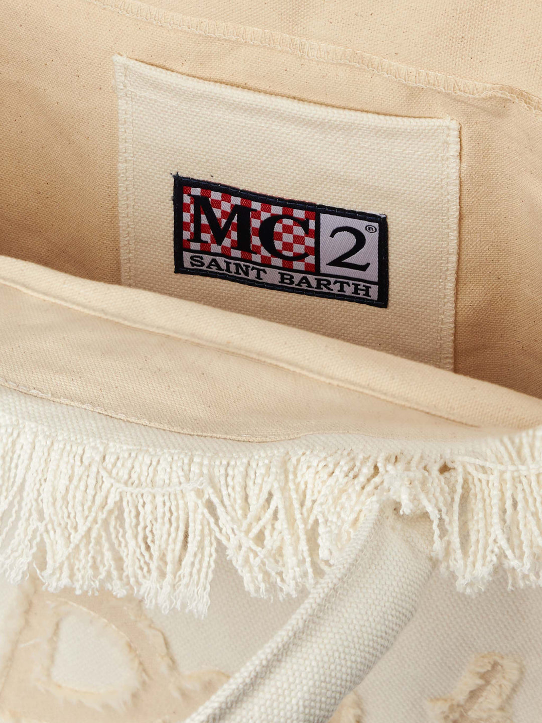 Borsa a spalla beige in canvas di cotone con patch logo Saint Barth