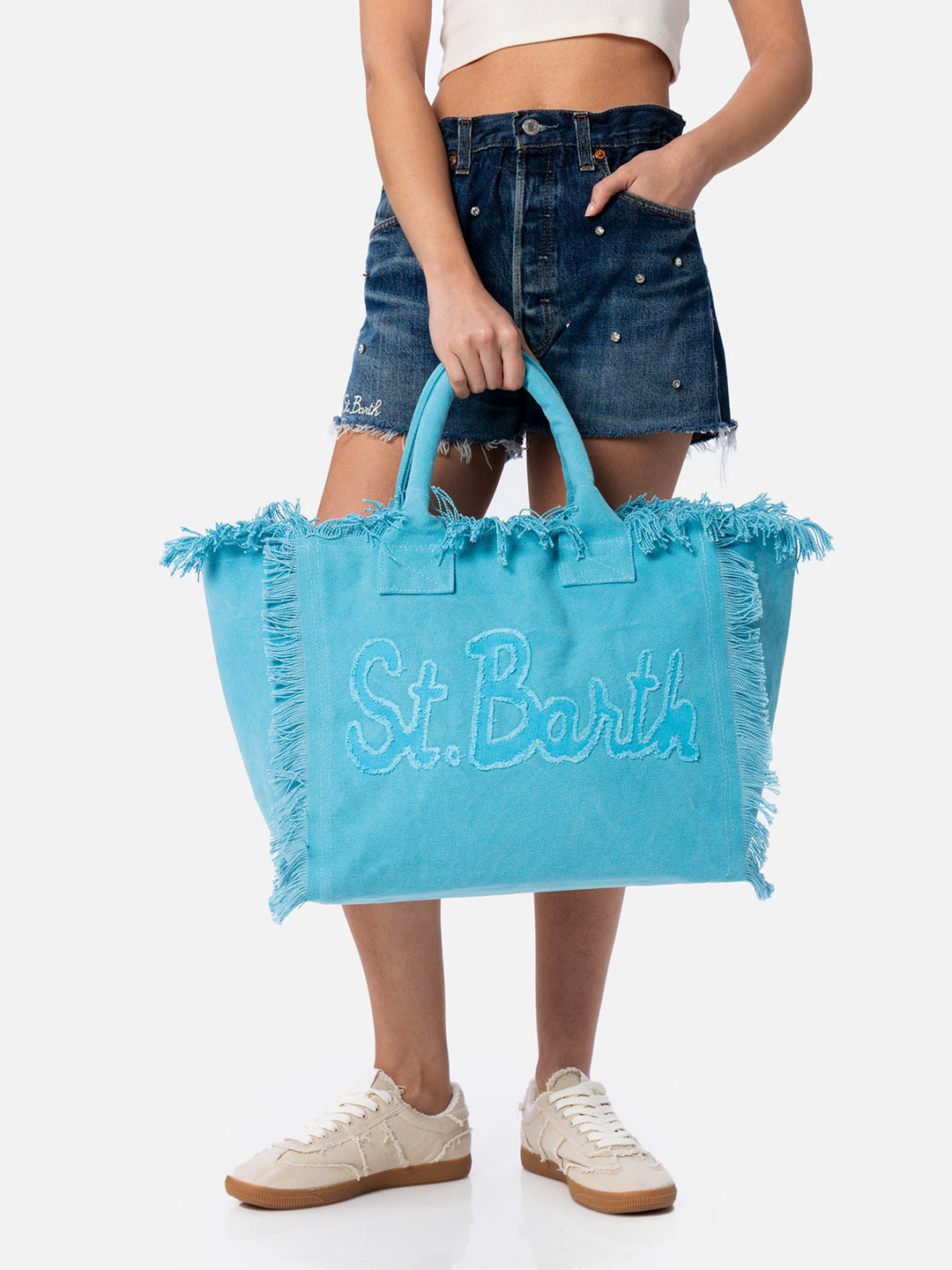 Shopping Bag Vanity in Azzurro Cotone con Patch Logo