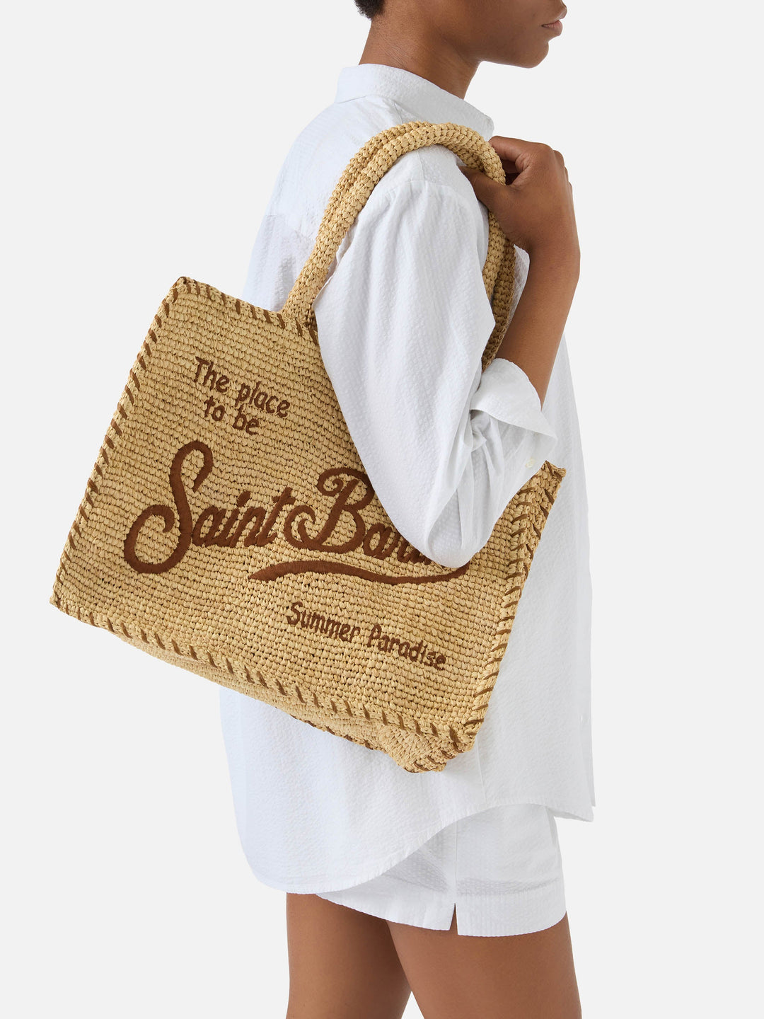 Raffia Vanity Bag with Brown Accents