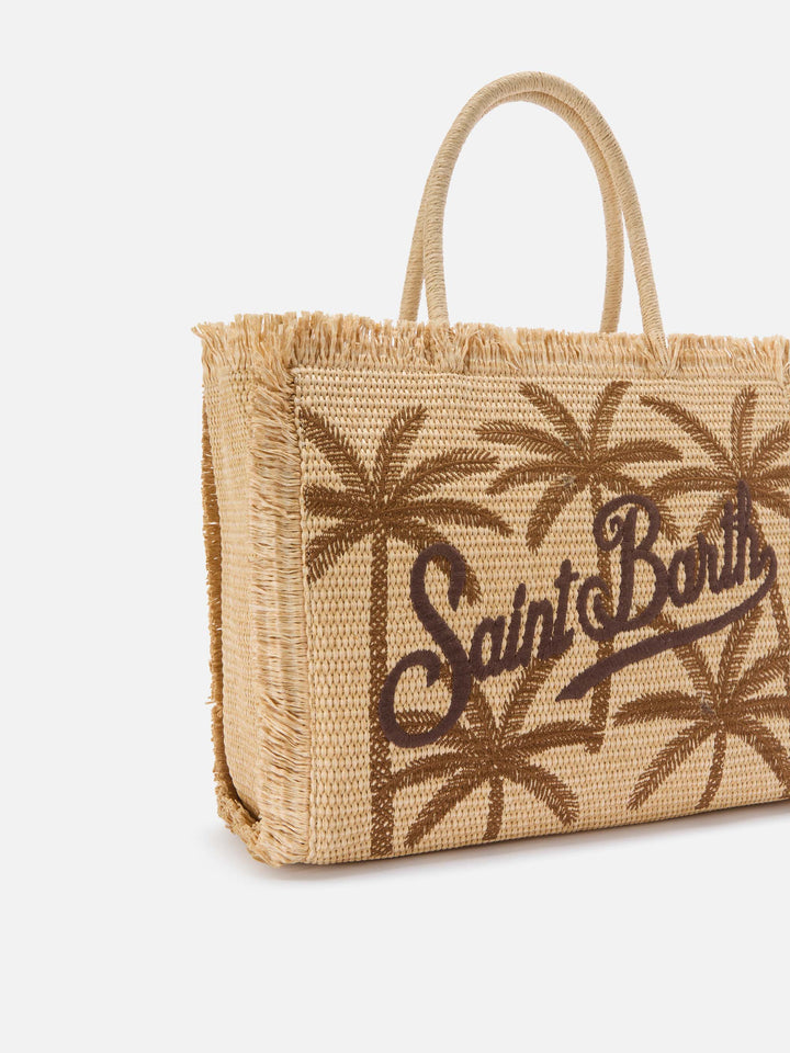 Regular Straw Effect Vanity Bag with Palm Embroidery