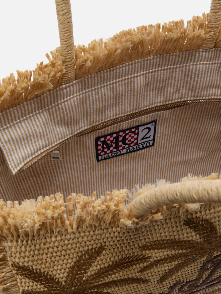 Regular Straw Effect Vanity Bag with Palm Embroidery