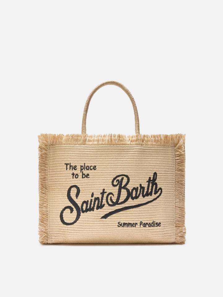 Borsa Vanity Regular in Stile Paglia con Logo Ricamato a Contrasto