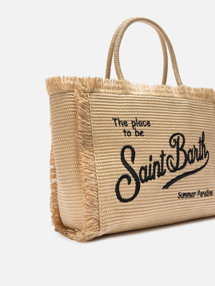 Borsa Vanity Regular in Stile Paglia con Logo Ricamato a Contrasto