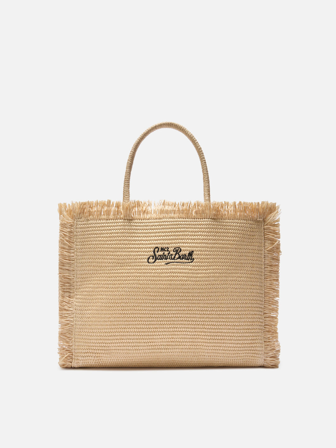 Borsa Vanity Regular in Stile Paglia con Logo Ricamato a Contrasto