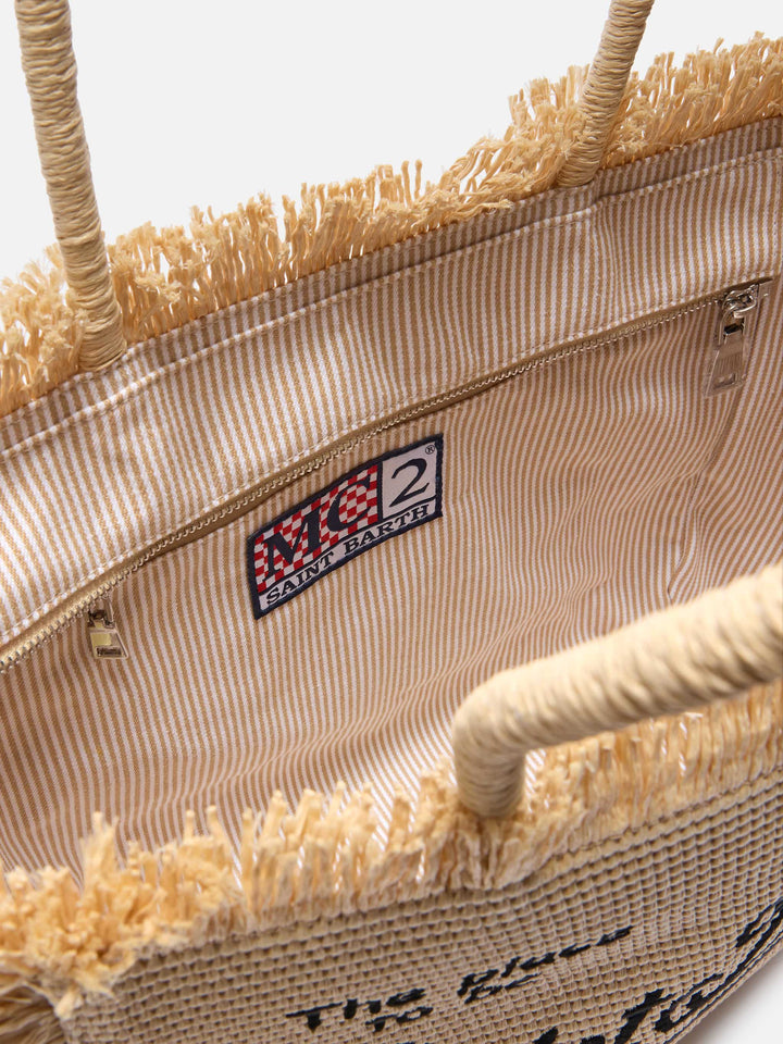 Borsa Vanity Regular in Stile Paglia con Logo Ricamato a Contrasto