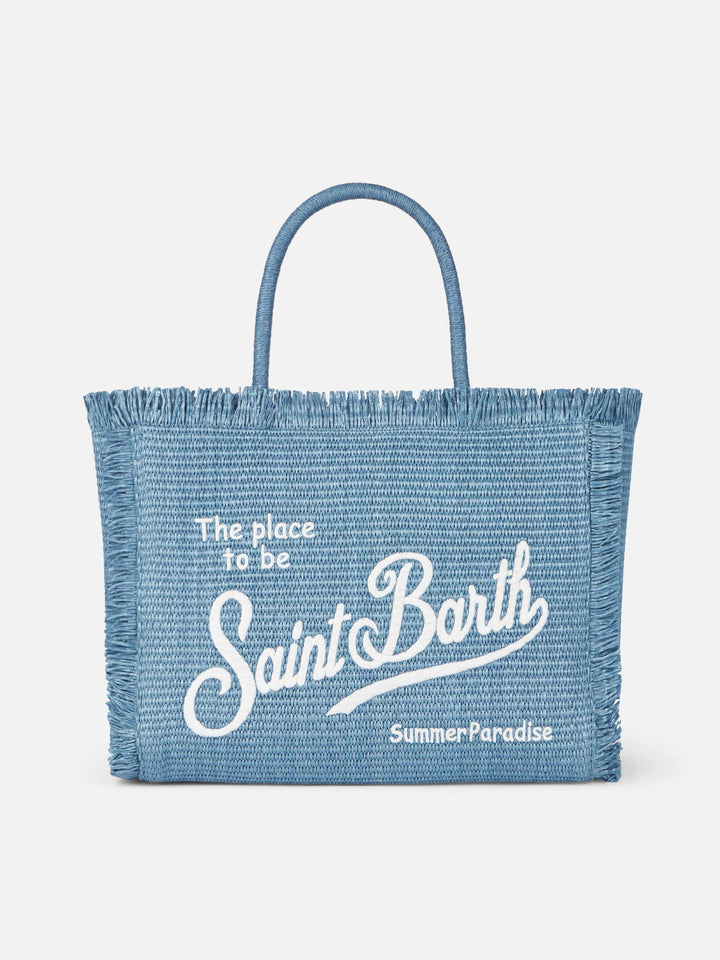Blue Denim Straw-Effect Vanity Shoulder Bag