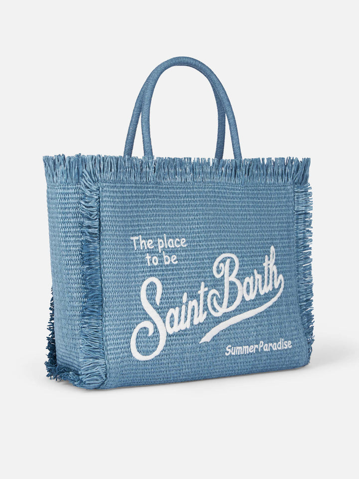 Blue Denim Straw-Effect Vanity Shoulder Bag