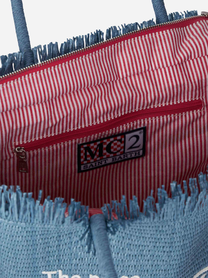Blue Denim Straw-Effect Vanity Shoulder Bag