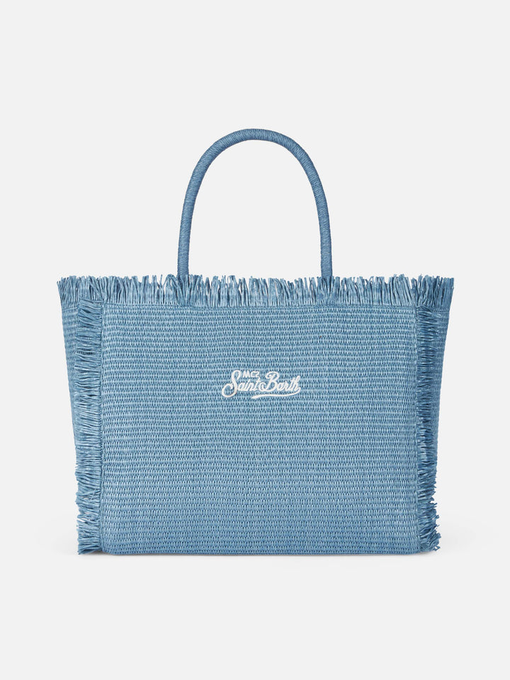 Blue Denim Straw-Effect Vanity Shoulder Bag