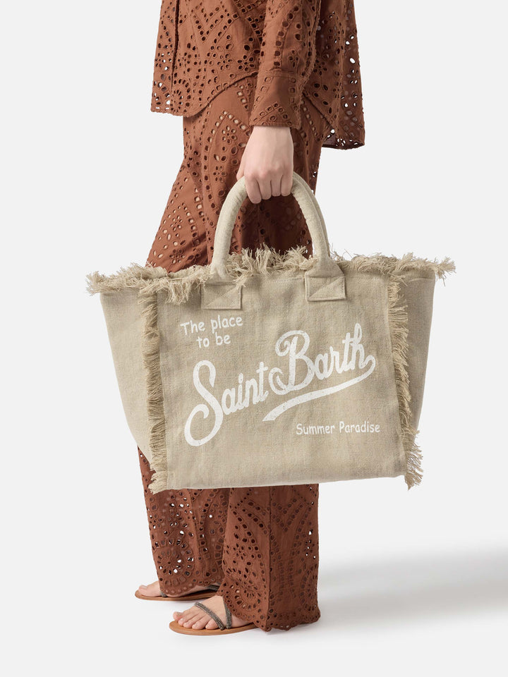 Beige Solid Linen Regular Vanity Bag