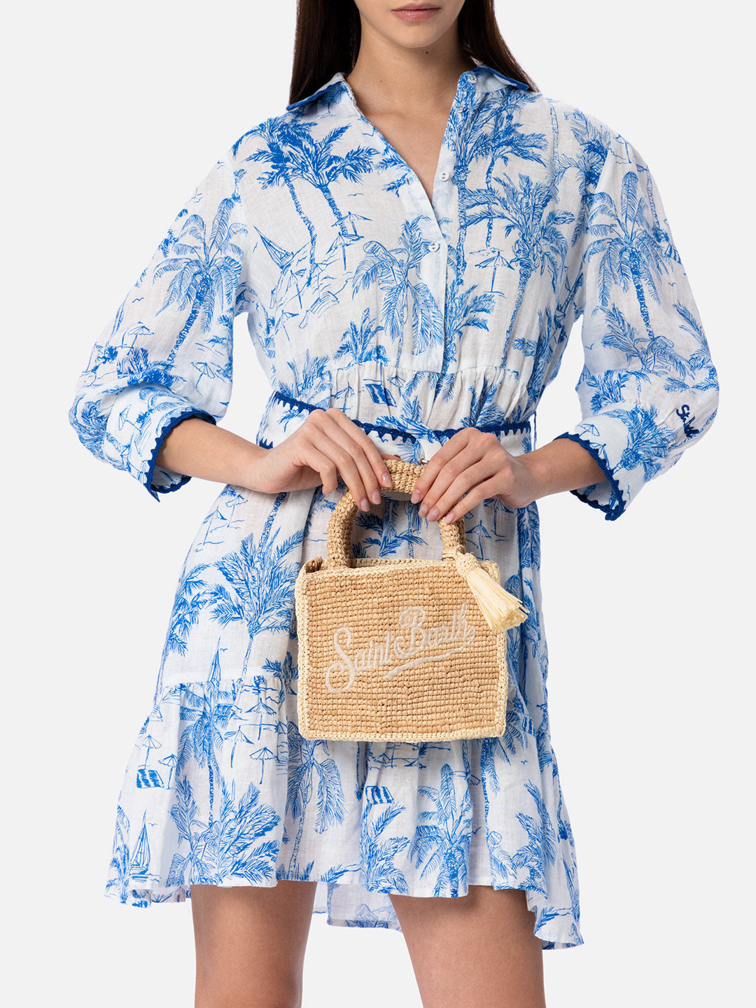 Beige Mini Vanity Bag in Raffia with Saint Barth Embroidery
