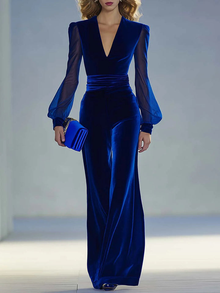 Sabrina - Jumpsuit lungo in velluto reale con scollo a V e maniche lunghe in rete, elegante e rétro