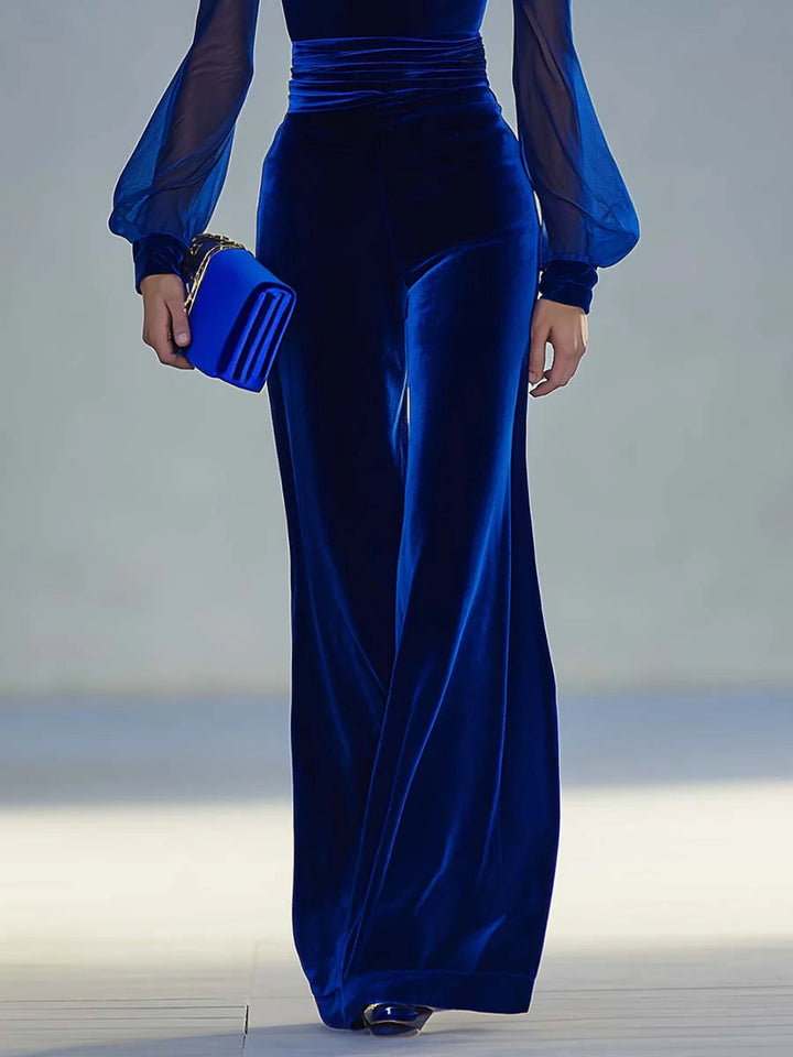Sabrina - Jumpsuit lungo in velluto reale con scollo a V e maniche lunghe in rete, elegante e rétro