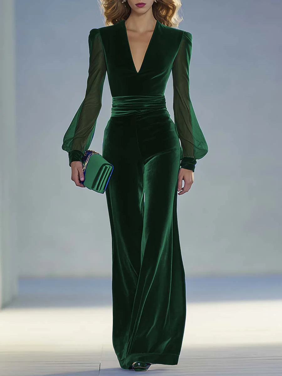 Sabrina - Jumpsuit lungo in velluto reale con scollo a V e maniche lunghe in rete, elegante e rétro