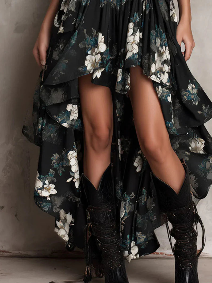Abito lungo nero senza spalline in stile boho