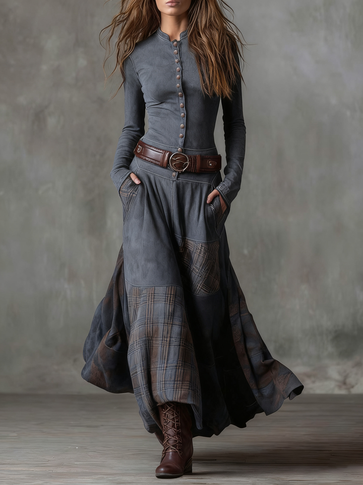Martina · Vestito lungo vintage in camoscio a quadri blu navy