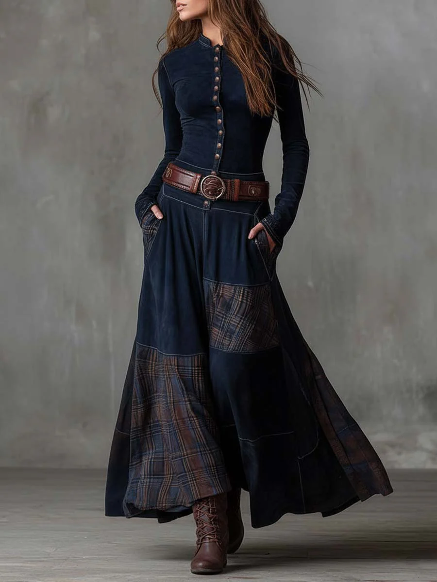 Martina · Vestito lungo vintage in camoscio a quadri blu navy