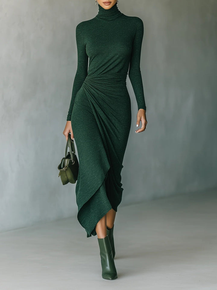 Lenora · Abito midi avvolgente asimmetrico con pieghe e collo alto verde scuro