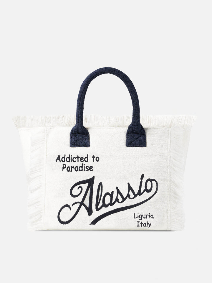 "Borsa a Spalla Vanity in Spugna con Ricamo Alassio" can be rewritten as: "Borsa Vanity in Spugna con Ricamo Alassio per Spalla".