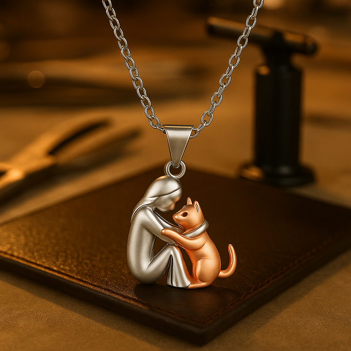 Collana con pendente a forma di gatto che abbraccia