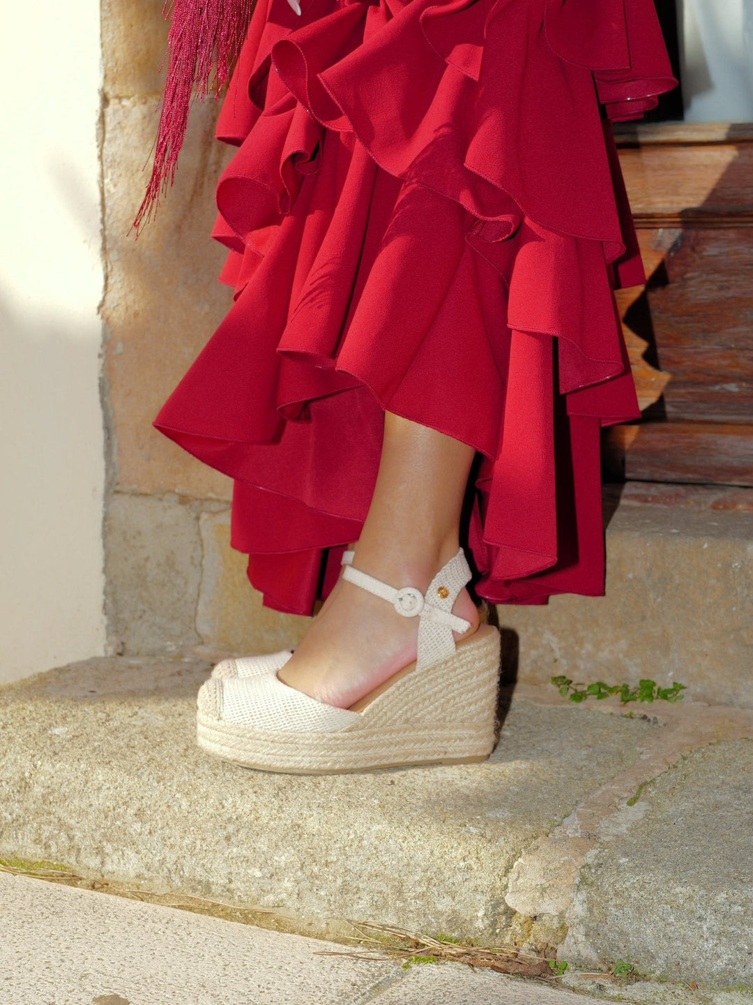 Beige Esparto Wedge Sandals