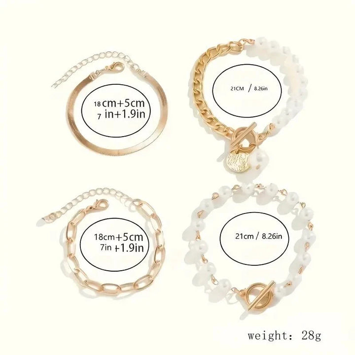 Set di 4 Bracciali Eleganti in Oro - Design a Serpente con Perle e Maglie