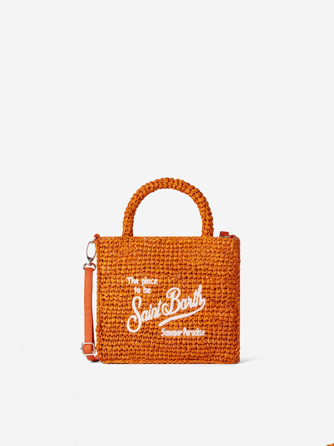Mini Vanity Bag in Orange Raffia with Front Embroidery
