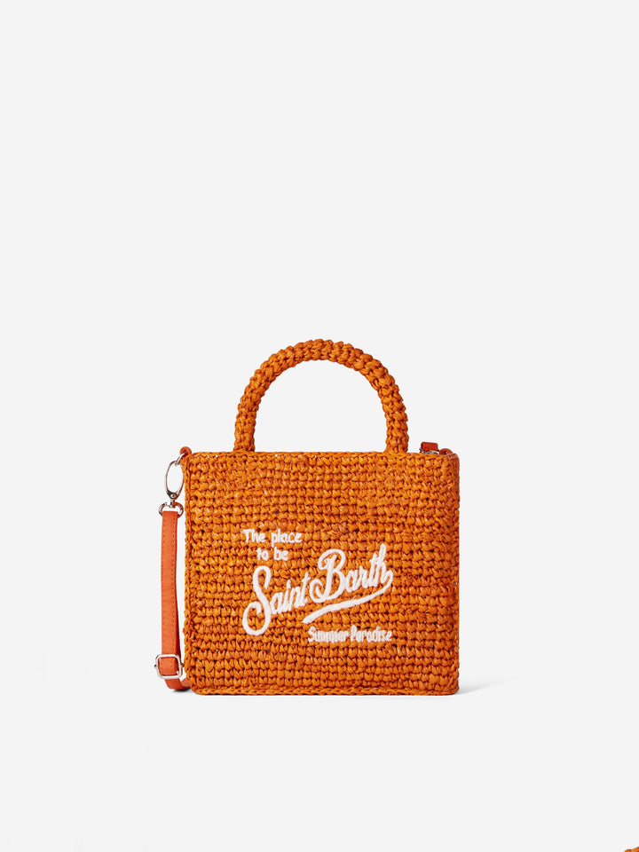 Mini Vanity Bag in Orange Raffia with Front Embroidery