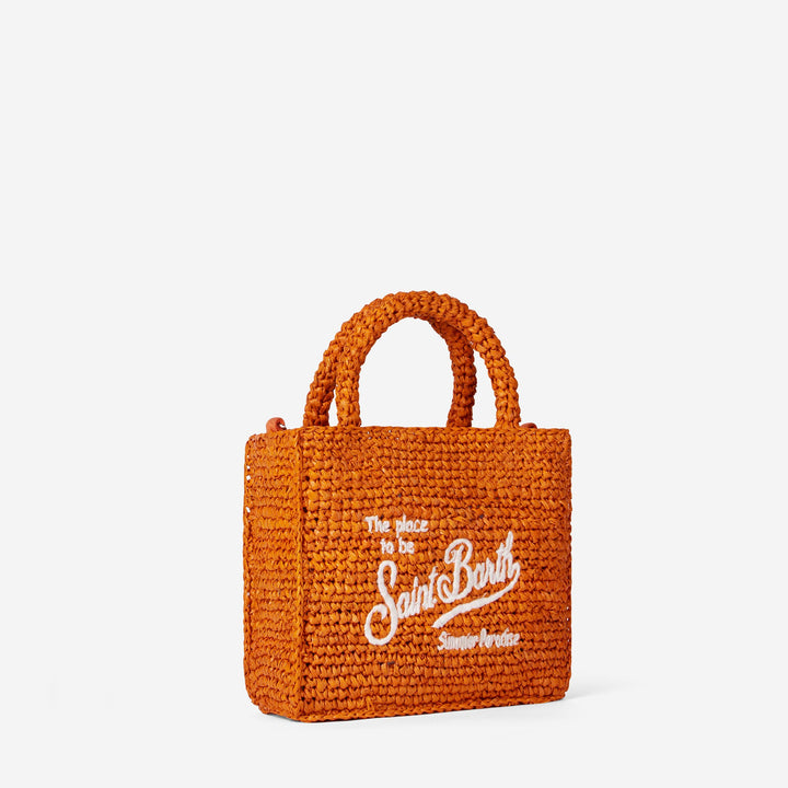 Mini Vanity Bag in Orange Raffia with Front Embroidery