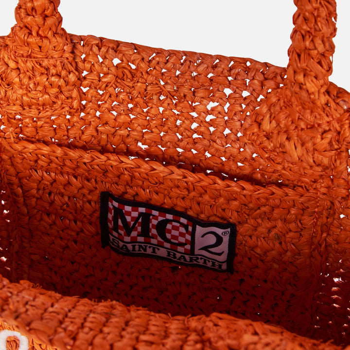 Mini Vanity Bag in Orange Raffia with Front Embroidery