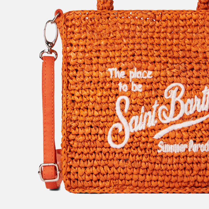 Mini Vanity Bag in Orange Raffia with Front Embroidery