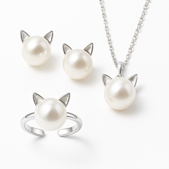 Splendido set di collana con perla occhio di gatto, con orecchini e anello abbinati
